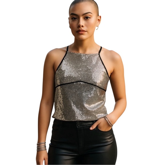NWT - XL - Free People Silver Sequin James Women's Apron Tank Top - Picture 1 of 5